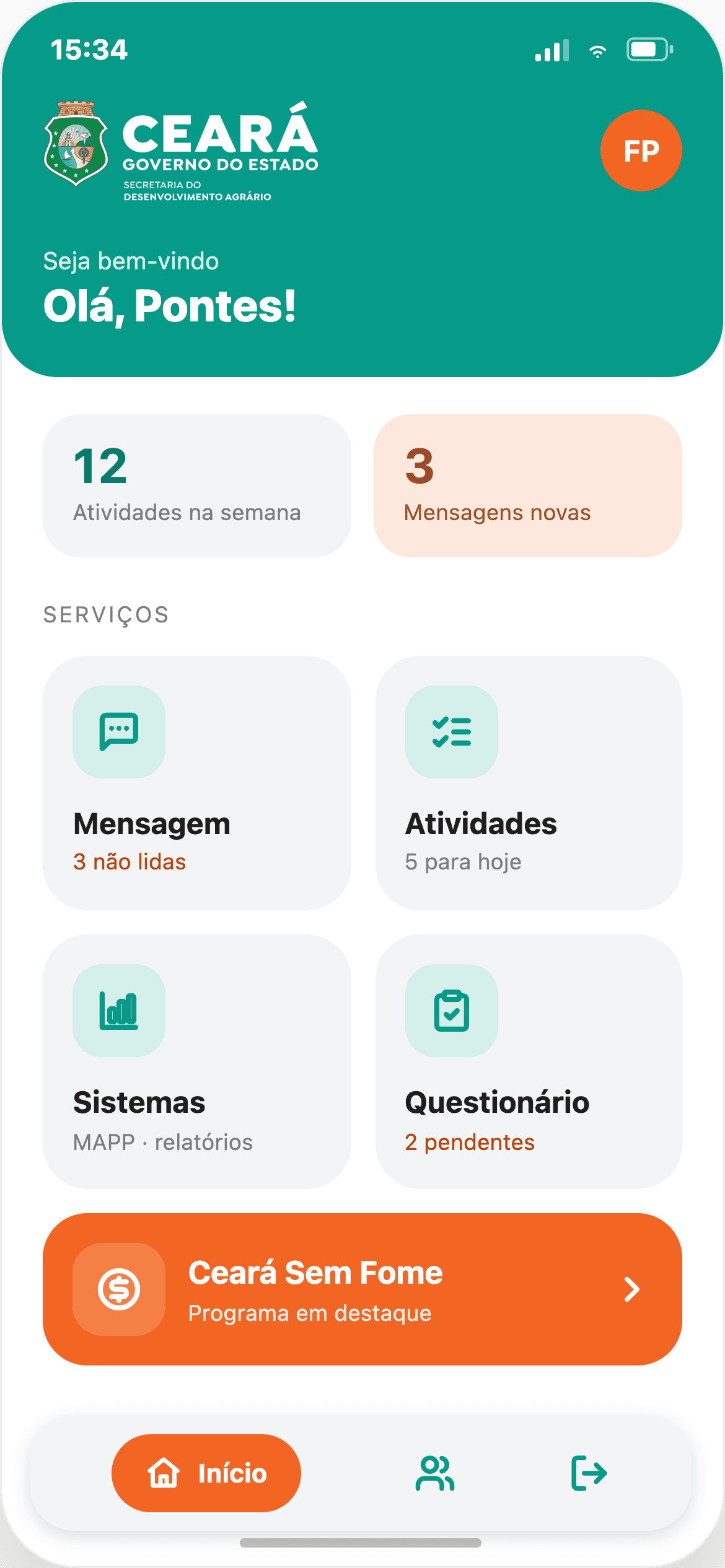 Tela inicial do app SDA Ceará com atalhos para Mensagem, Atividades, Sistemas e Questionário