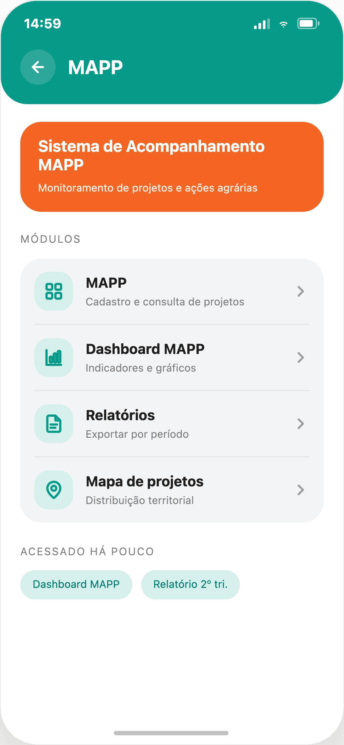 Listagem do módulo MAPP: cadastro de projetos, dashboard, relatórios e mapa