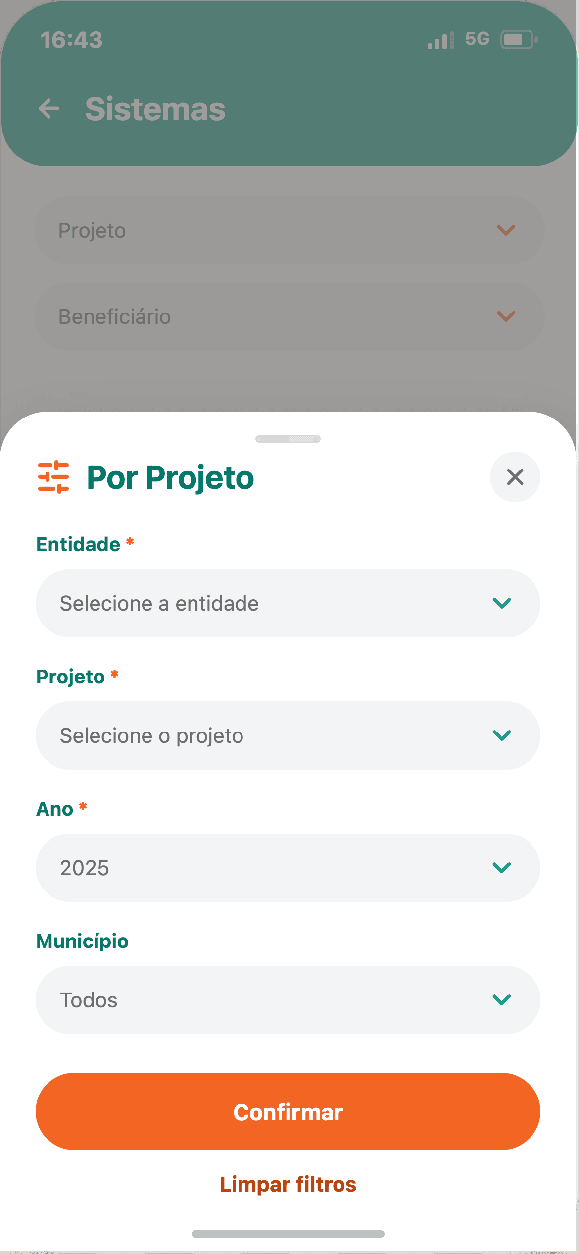 Filtro dinâmico por Entidade, Projeto, Ano e Município no módulo Sistemas