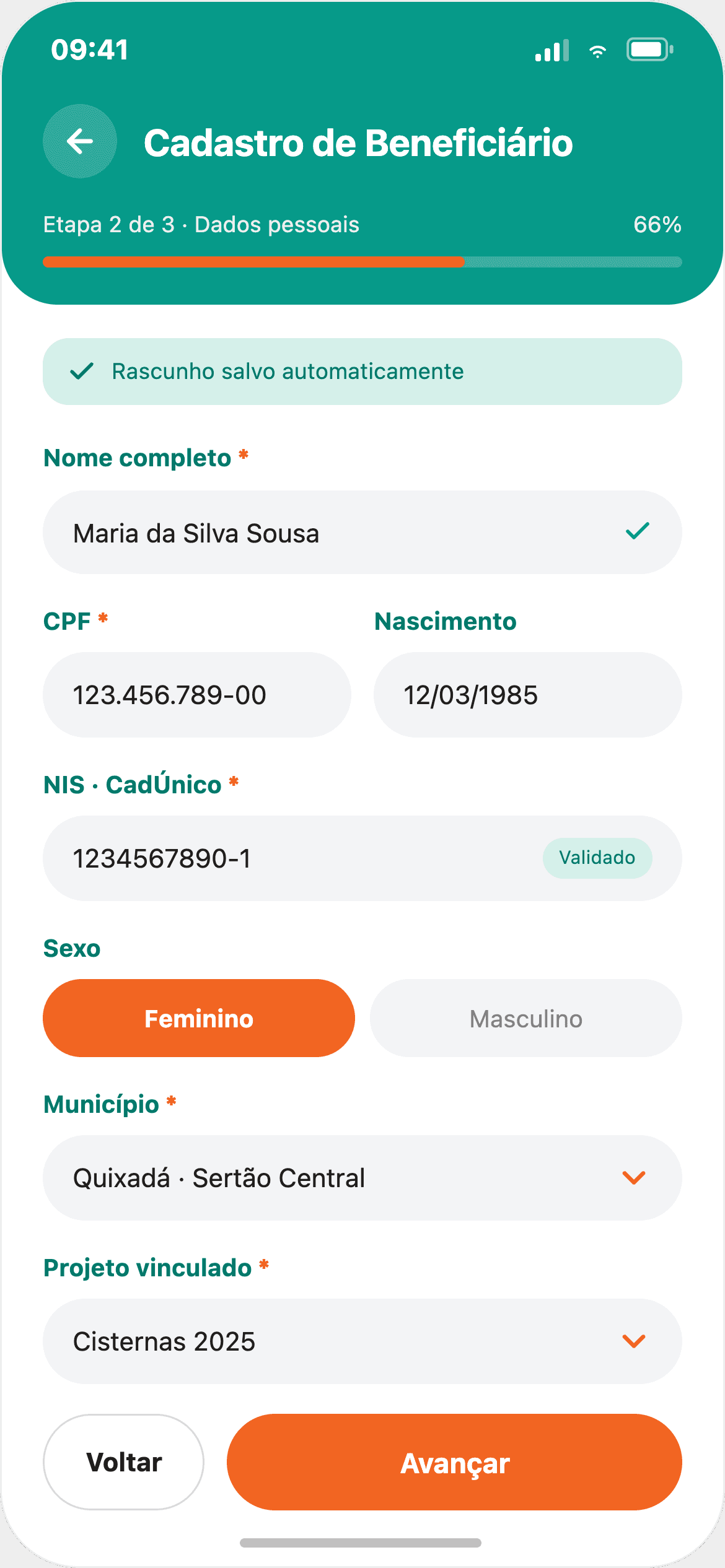 Cadastro de beneficiário em etapas, com validação de CPF e NIS/CadÚnico