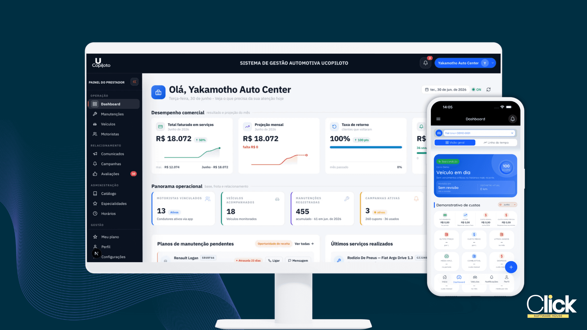 Painel do prestador e app do motorista do Ucopiloto