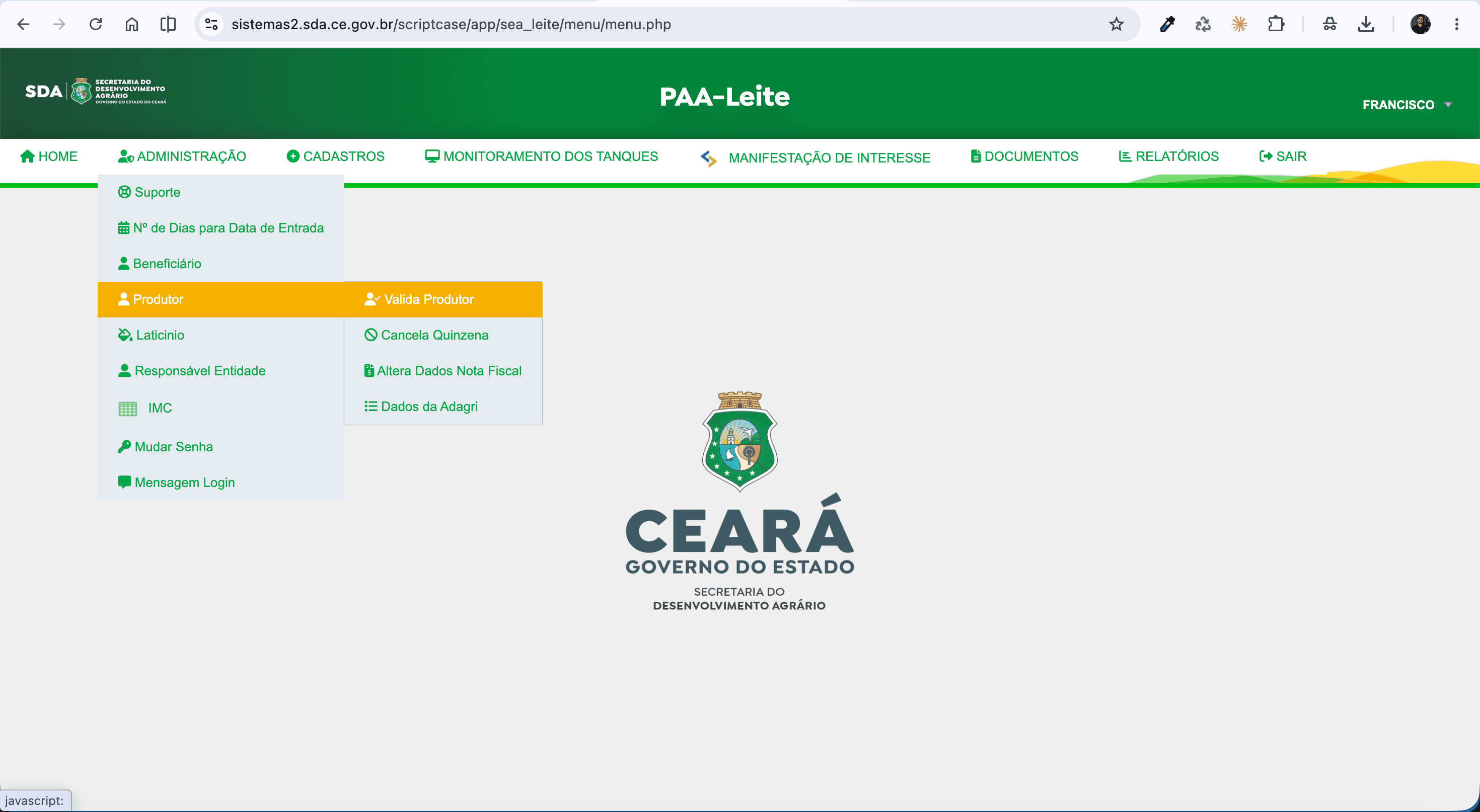 Menu de Administração do PAA-Leite, com submódulos de Produtor, Beneficiário, Laticínio e Responsável Entidade