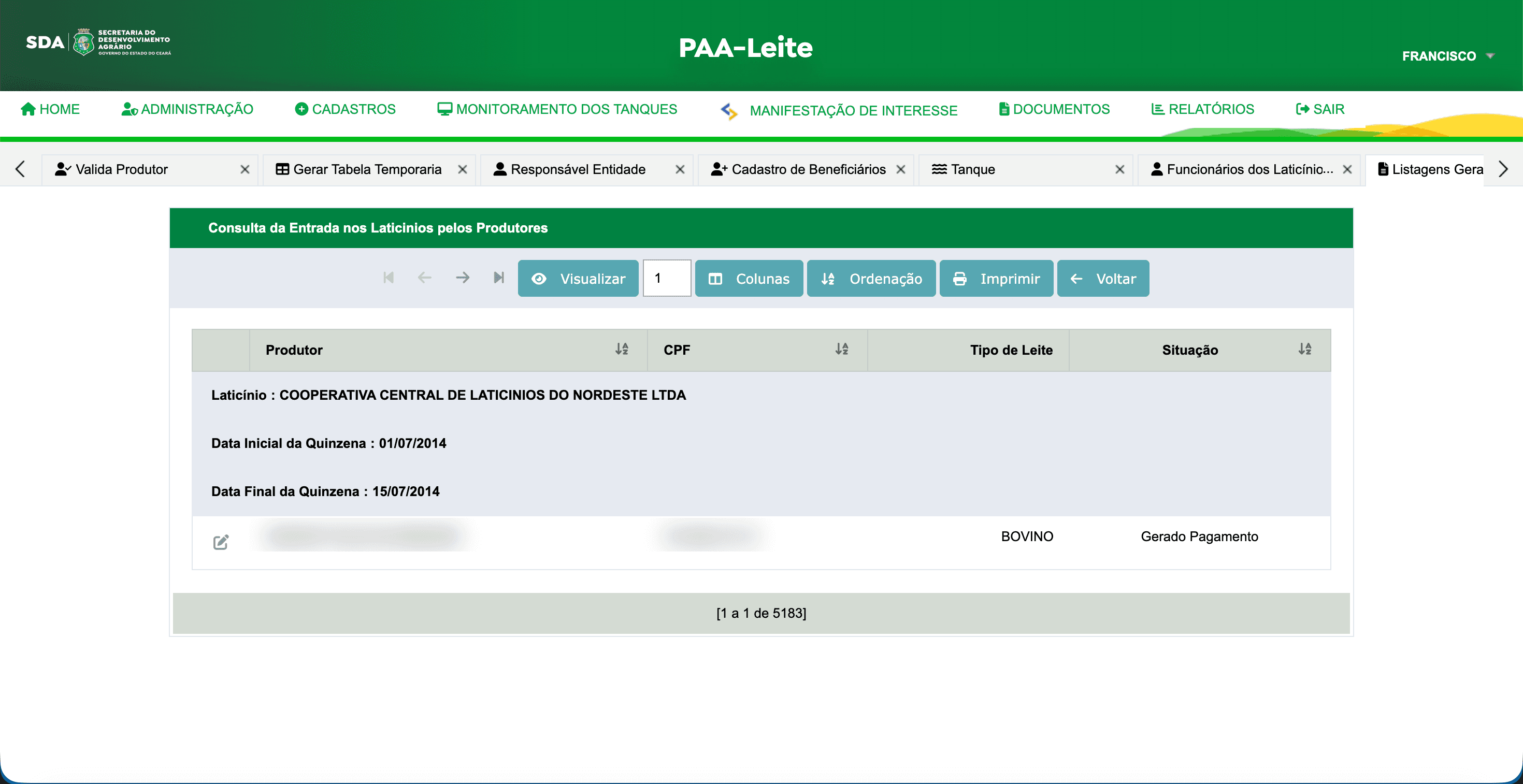 Consulta da Entrada nos Laticínios pelos Produtores, com produtor, tipo de leite e situação Gerado Pagamento