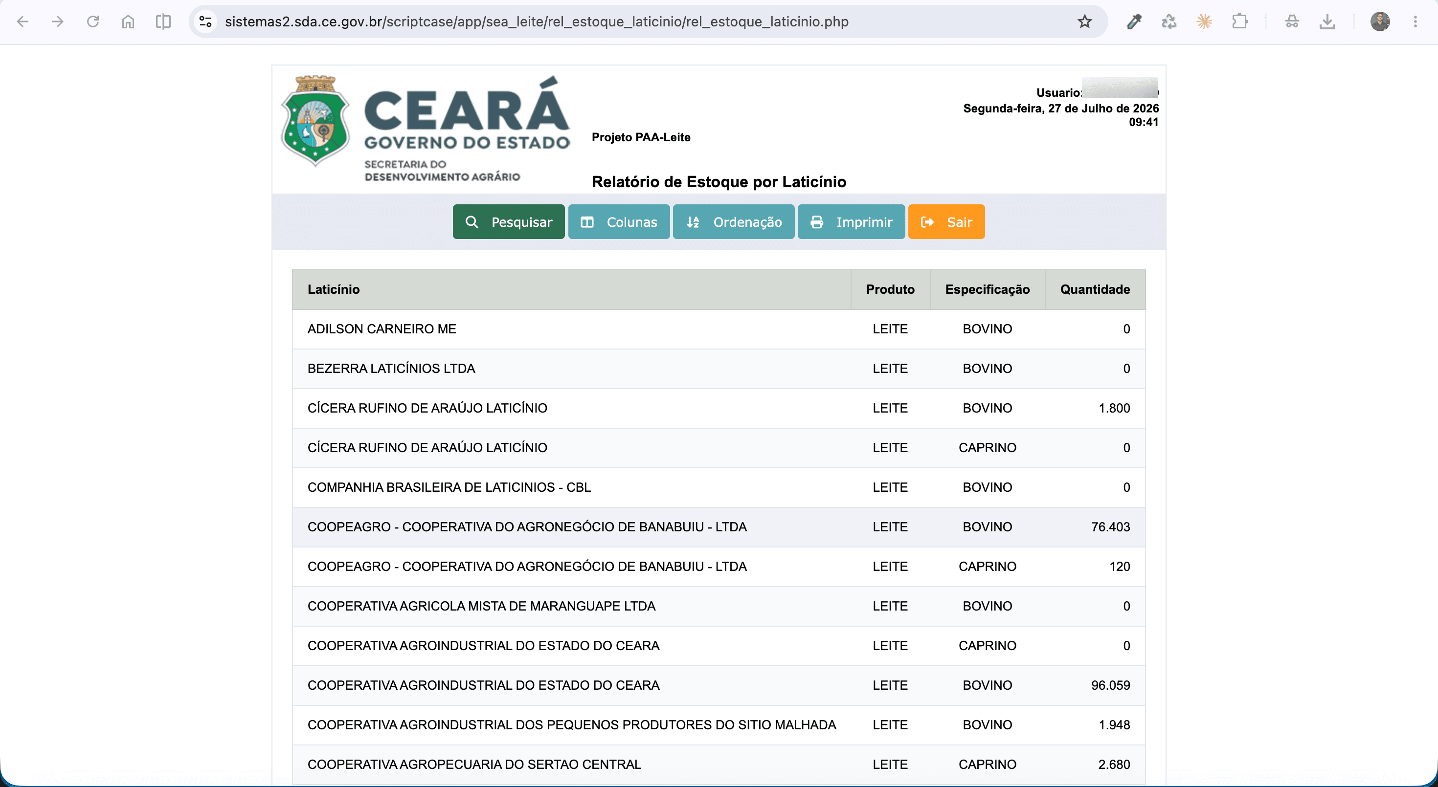 Relatório de Estoque por Laticínio, listando laticínios parceiros, produto, especificação e quantidade