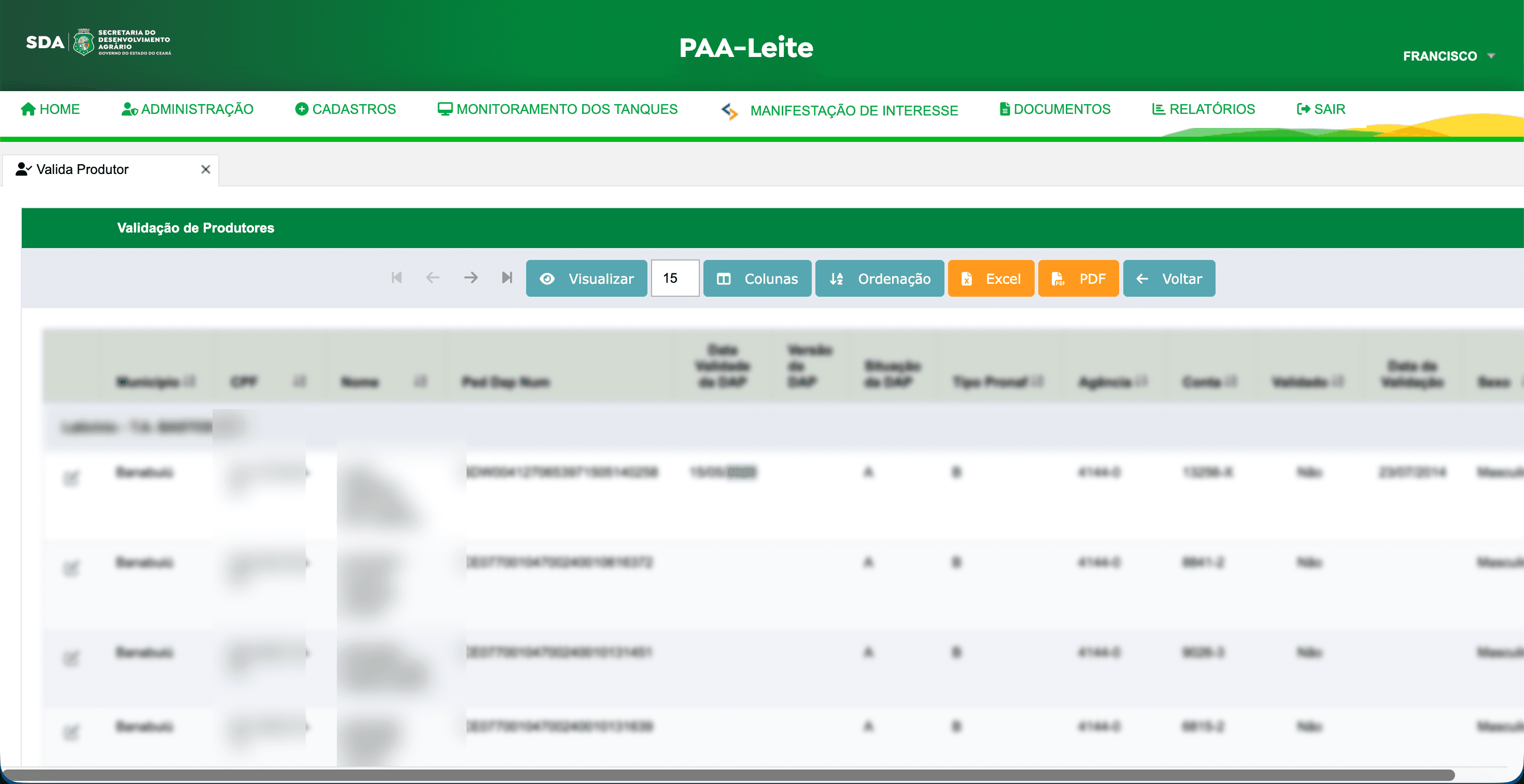 Grade de Validação de Produtores no PAA-Leite, com município, situação da DAP, tipo Pronaf e status de validação