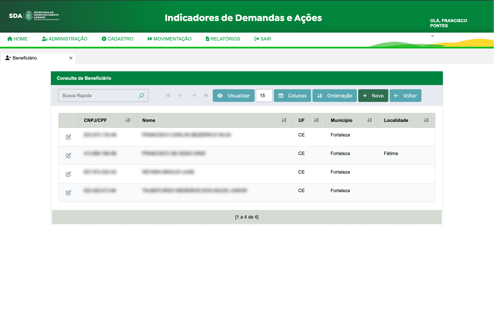 Grade de consulta de beneficiários no módulo Cadastro