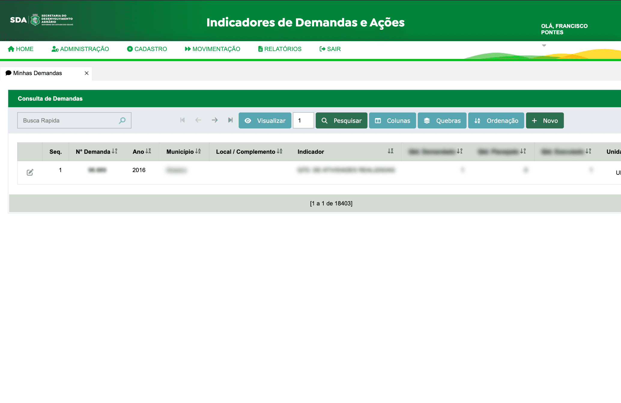 Consulta de demandas no módulo Movimentação, com 18.403 registros