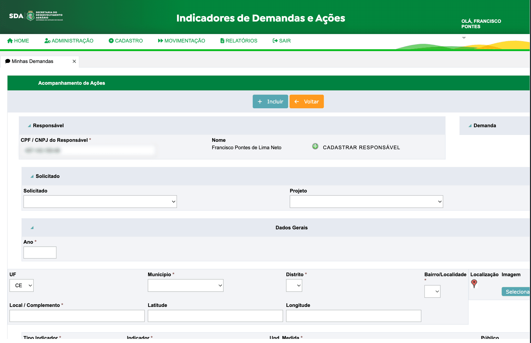 Formulário de acompanhamento de ações, com dados do responsável, geolocalização e classificação do indicador