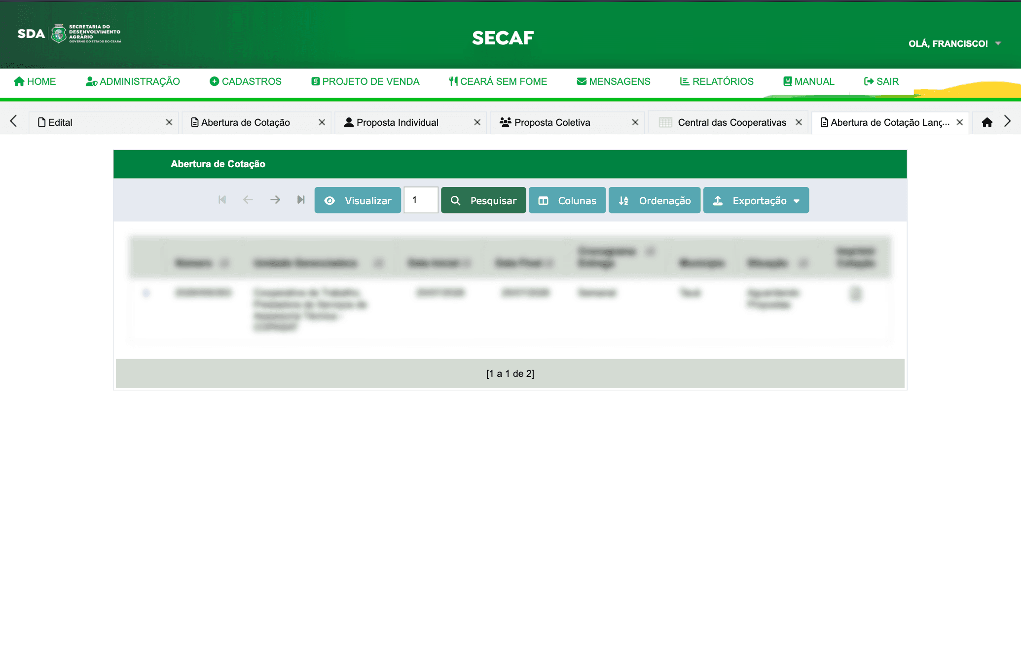 Detalhe de uma cotação individual no módulo Abertura de Cotação do SECAF