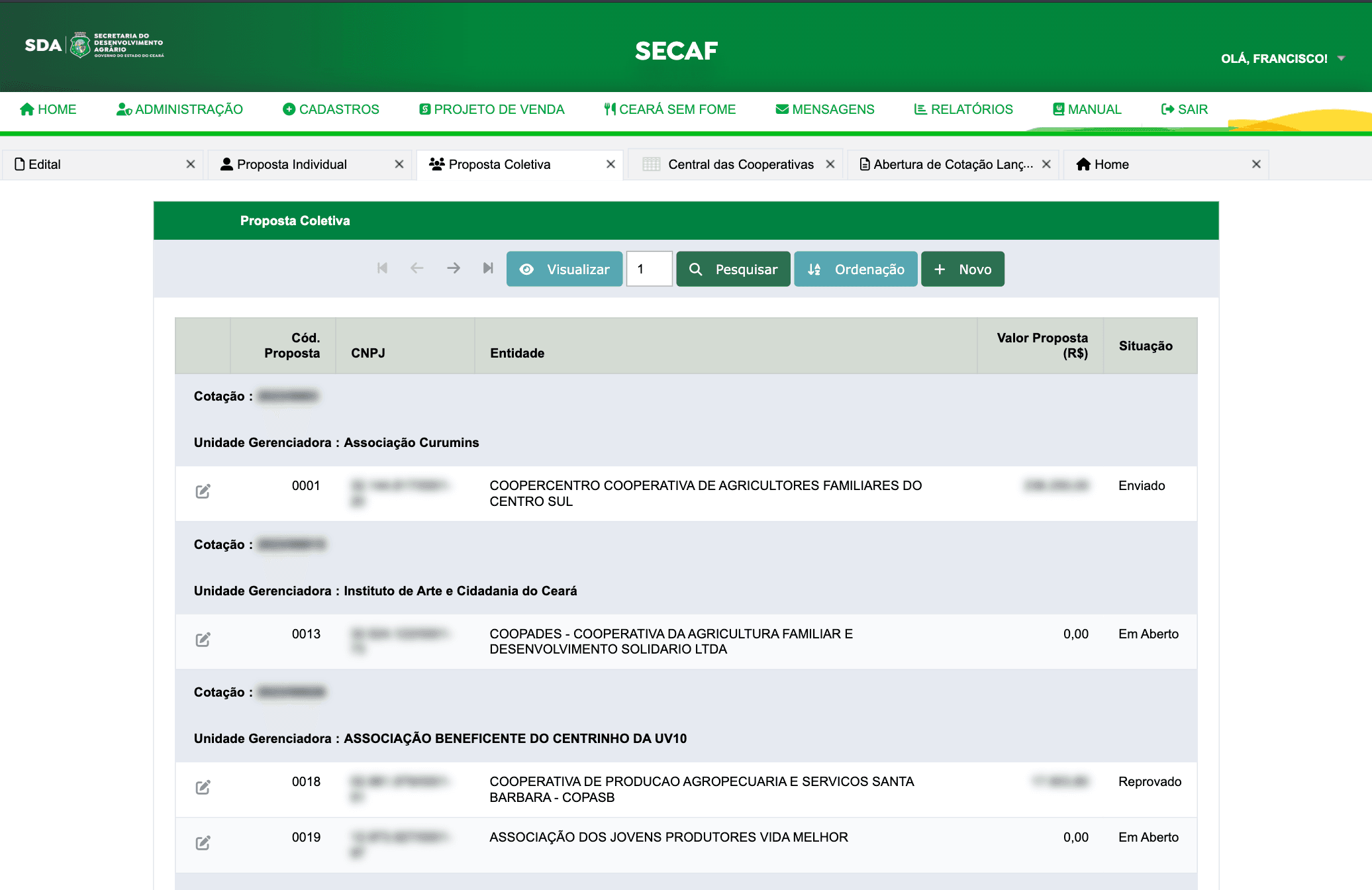 Grade de Proposta Coletiva agrupada por cotação e unidade gerenciadora, com valor e situação de cada entidade