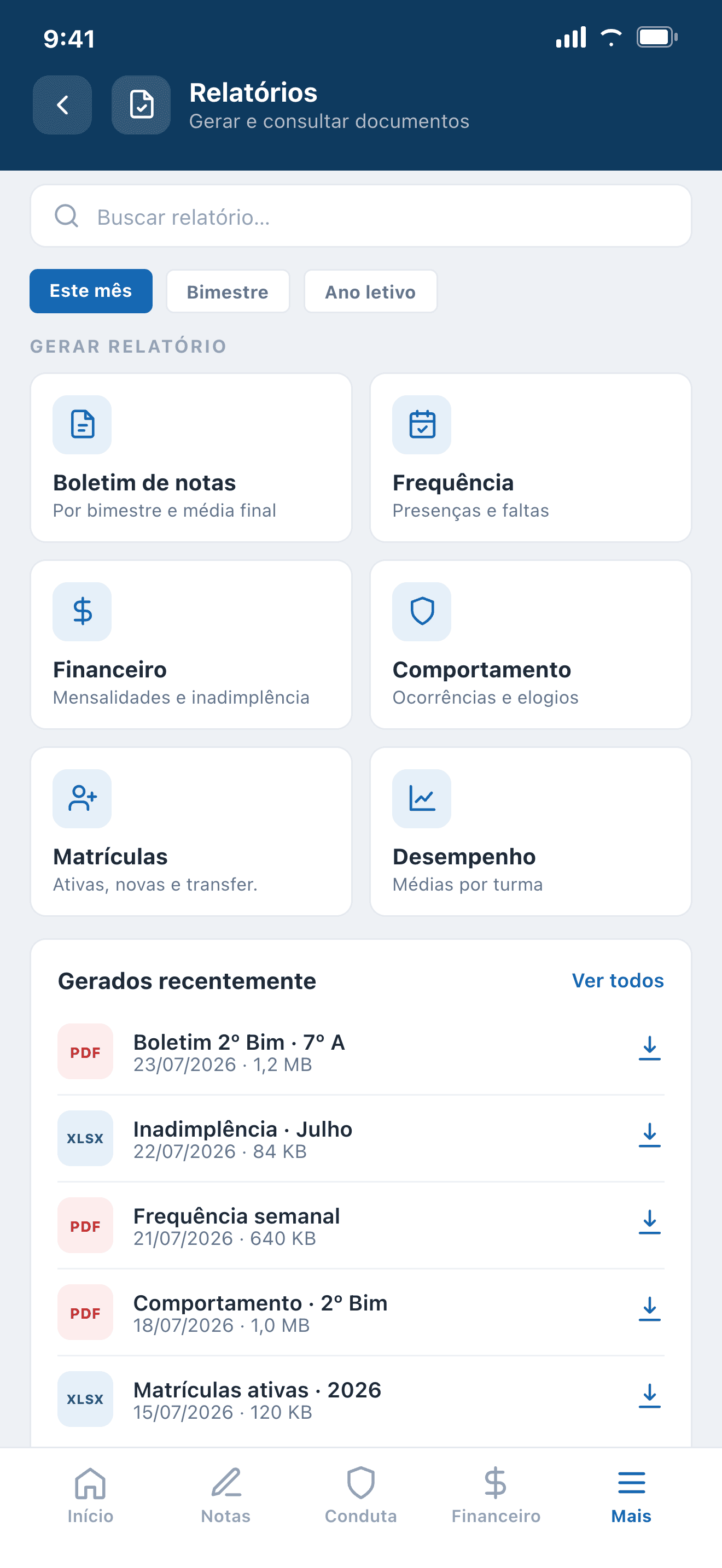 Versão mobile da tela de relatórios do Sistema COM3