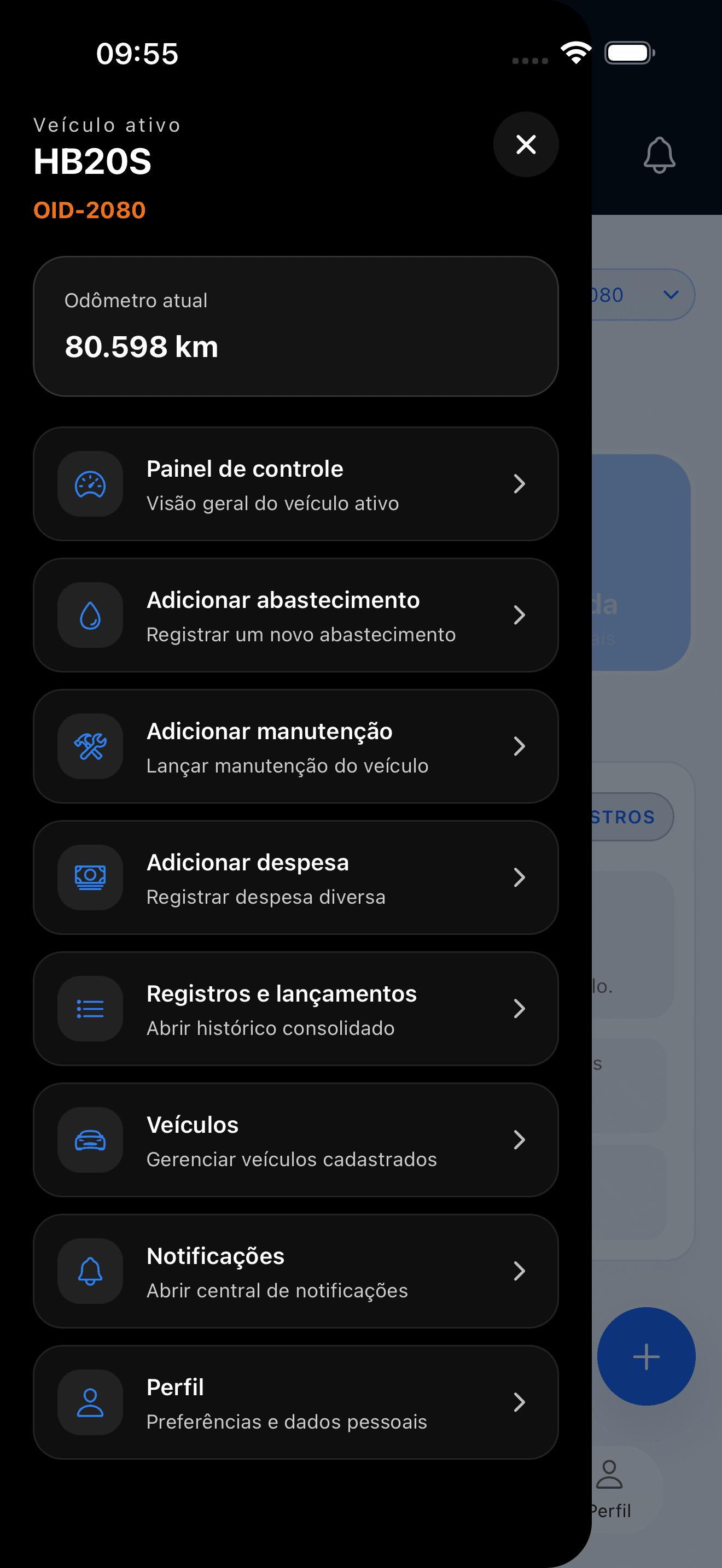 Menu de ações do veículo ativo