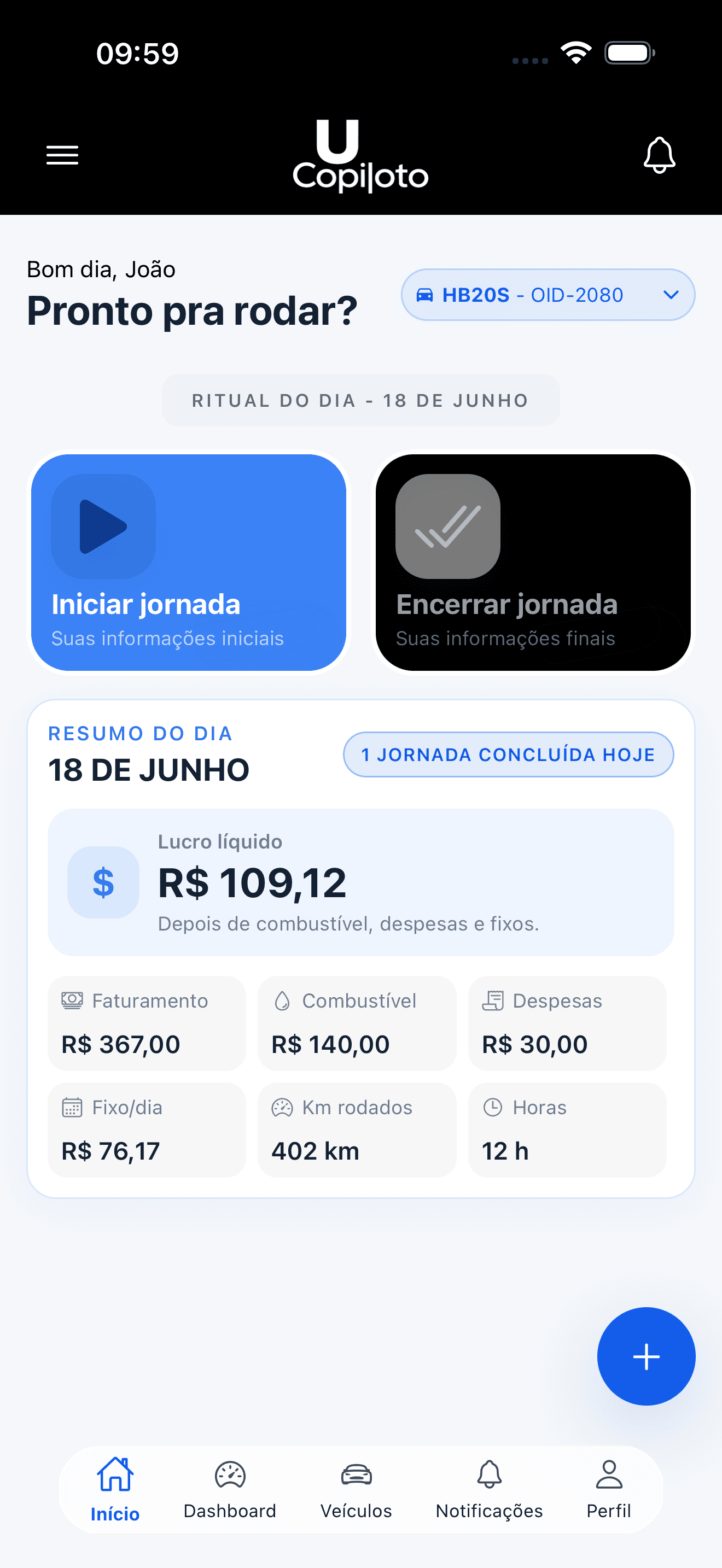 Painel inicial do motorista com resumo financeiro do dia