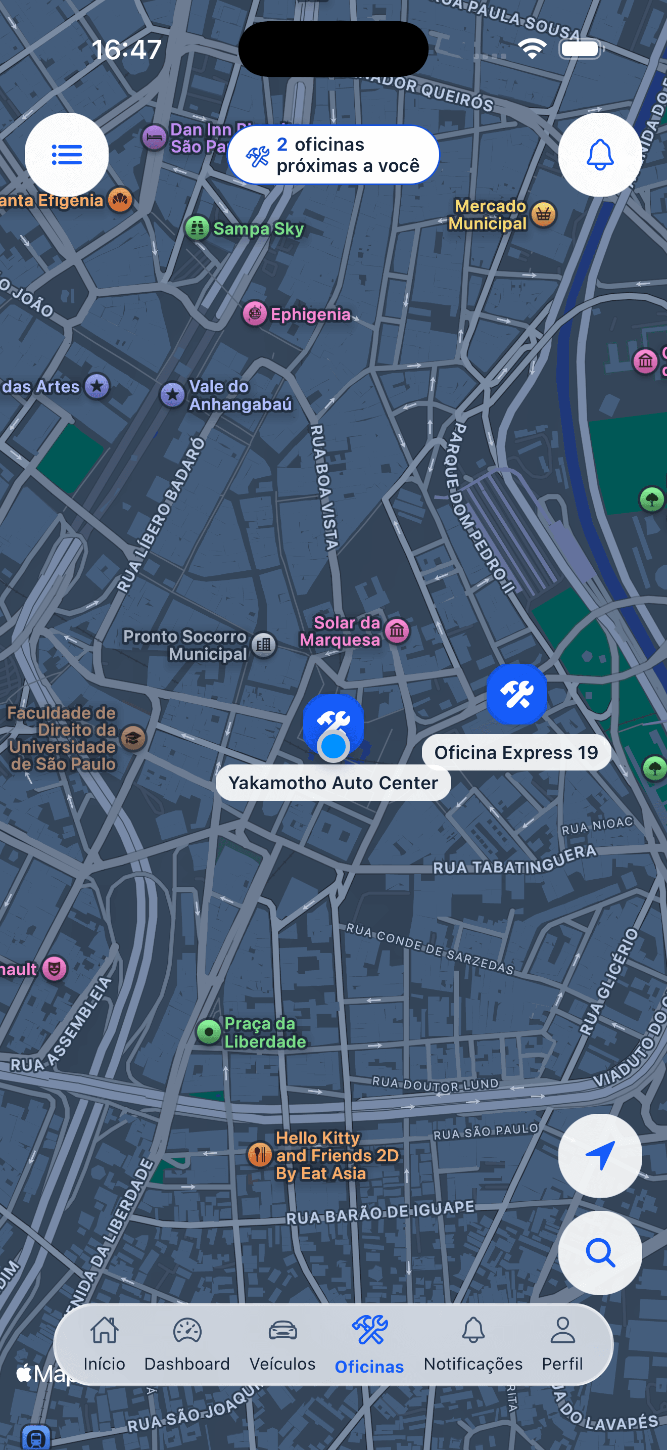 Mapa com oficinas próximas ao motorista